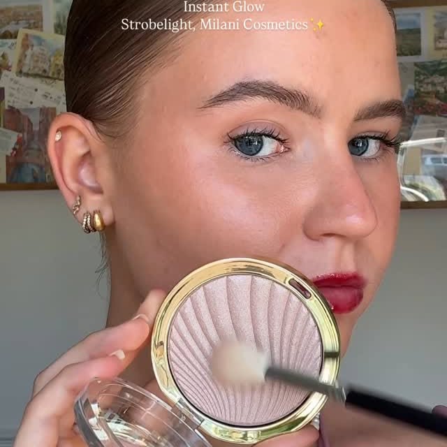 Instagram post by @glow_x_anna for Milani Cosmetics. Caption reads: @milanicosmeticsuk afterglow in shade Strobelight....