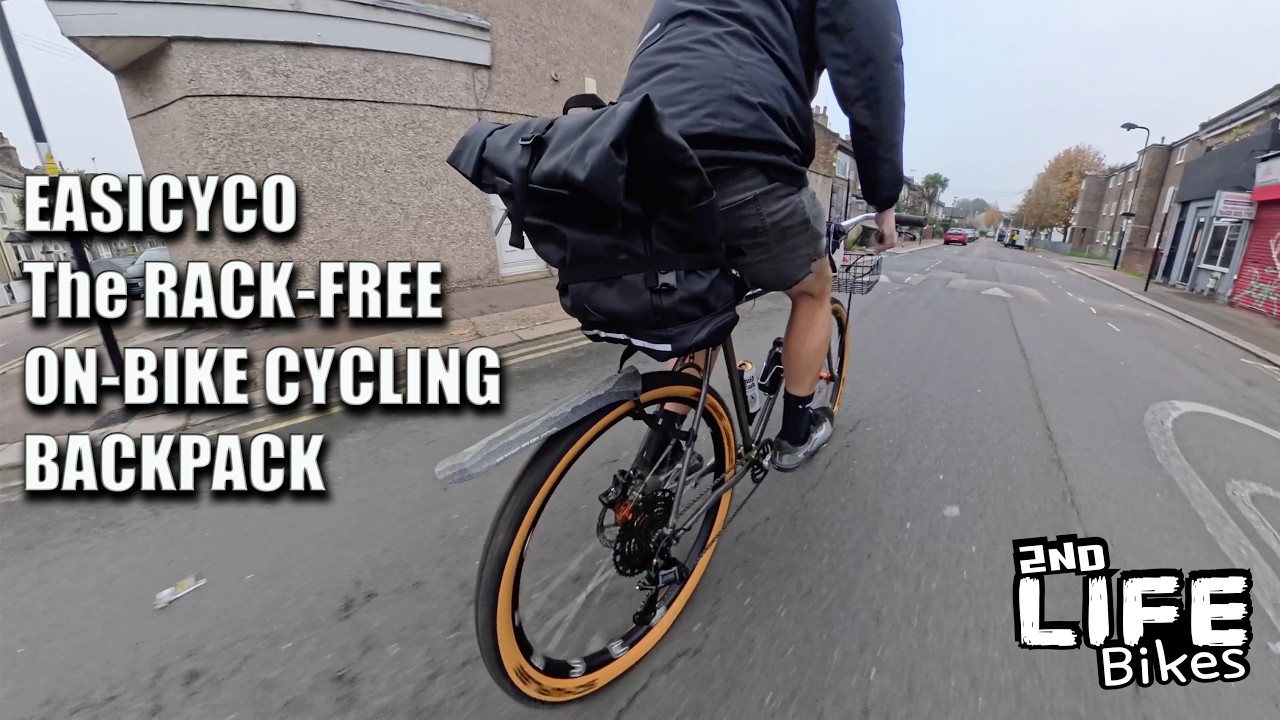 YouTube post by @2NDLIFEBIKES for Hiplok. Caption reads: Meet EASICYCO: The RACK-FREE ON-BIKE CYCLING....
