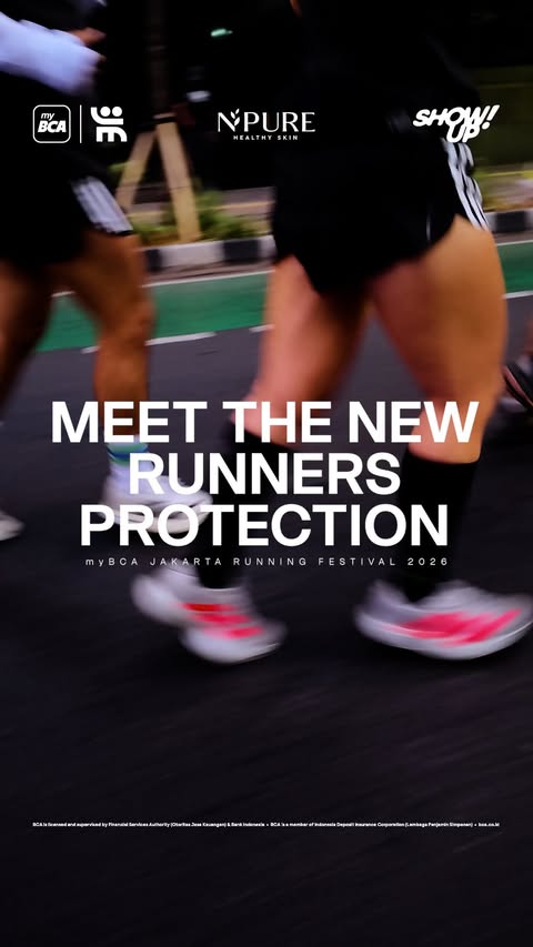 Instagram post by @jakartarunningfestival for NPURE. Caption reads: [...] protecting #myBCAJRF2026 runners‘ skin!....