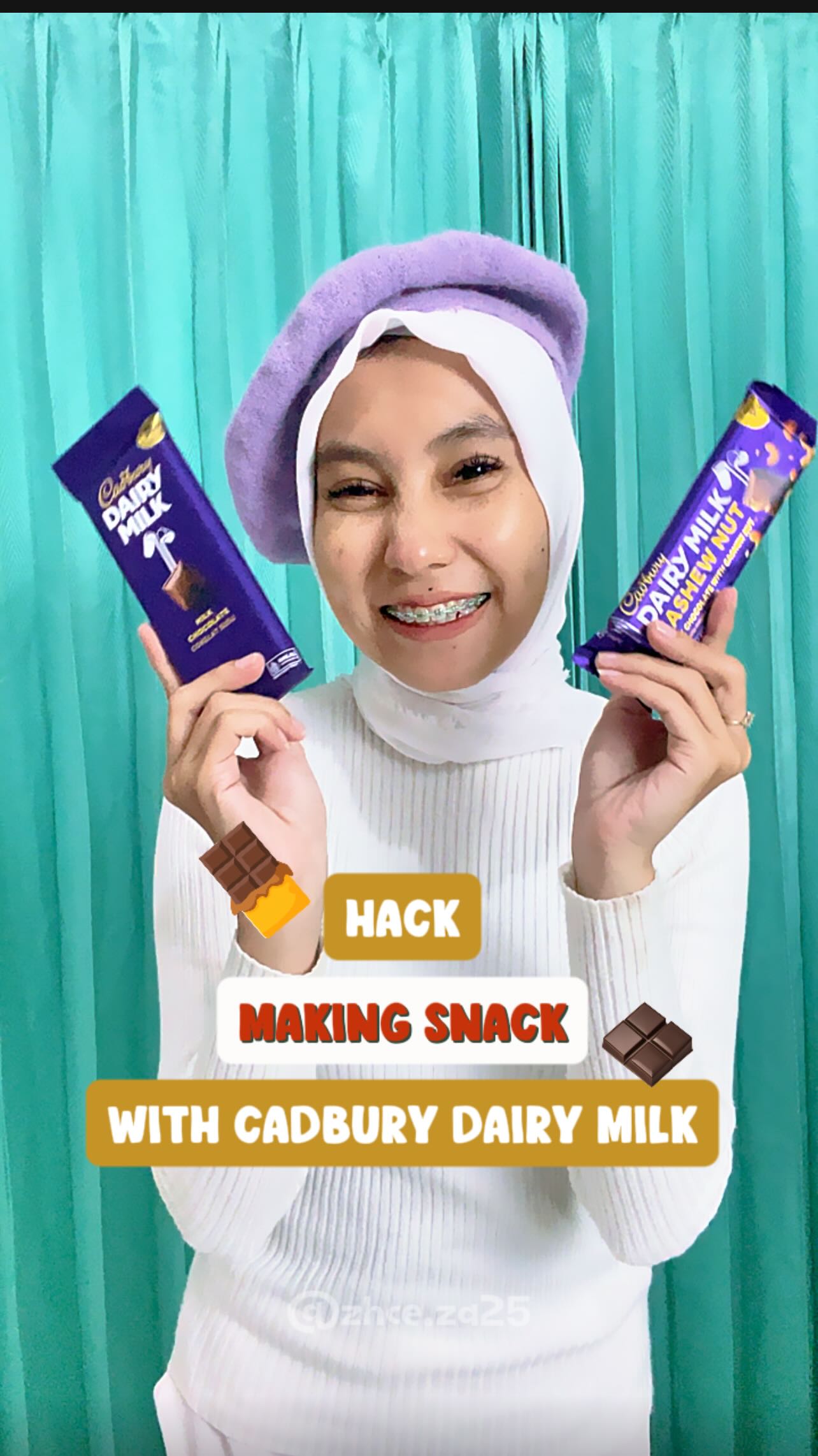 Instagram post by @zhce.za25 for Cadbury. Caption reads: [...] camilan ala cece pakai coklat @cadburyid....