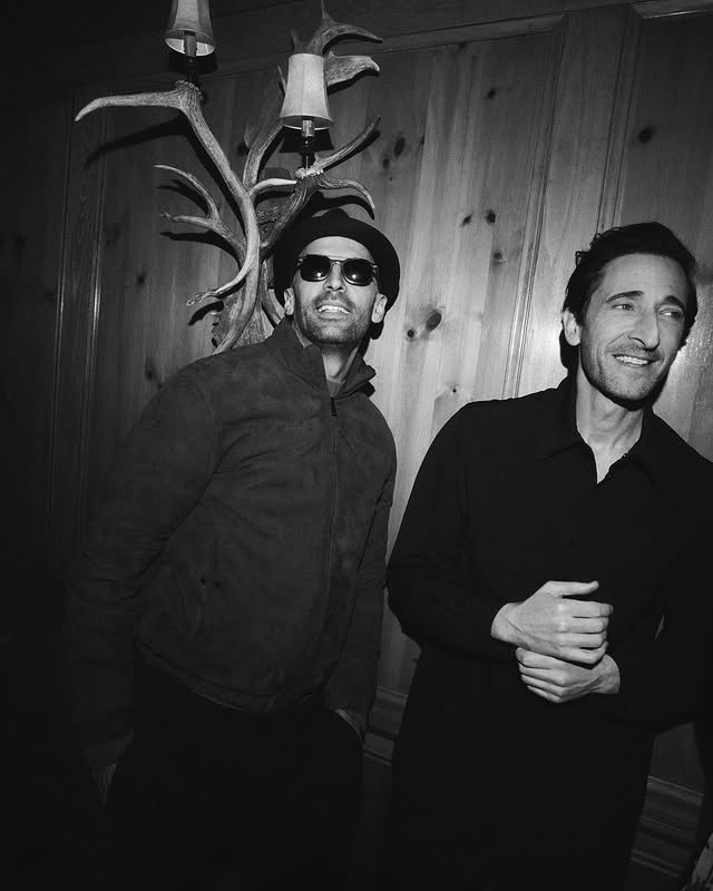 Instagram post by @adrienbrody for Moncler. Caption reads: [...] show in Aspen! Congratulations @moncler on....
