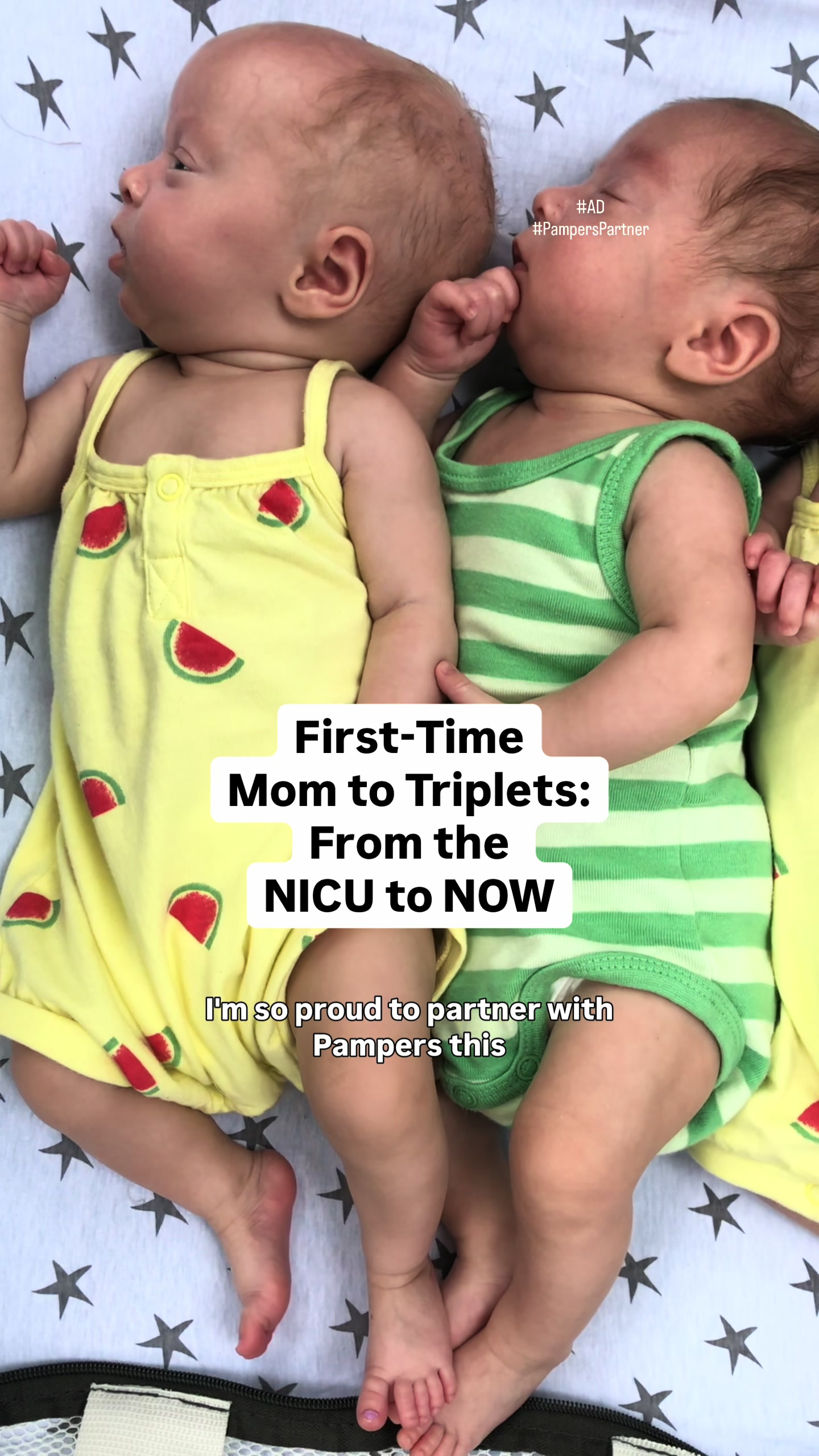 TikTok post by @thebecktriplets for Pampers. Caption reads: #PampersPartner #Ad From NICU to NOW- My Triplet....