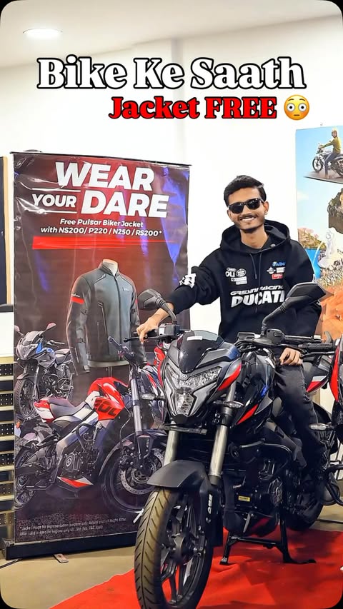 Instagram post by @__vince_lifestyle_vlog__ for Bajaj Auto. Caption reads: Bike Ke Saath Jacket FREE 😳 | Pulsar Lovers, Big....
