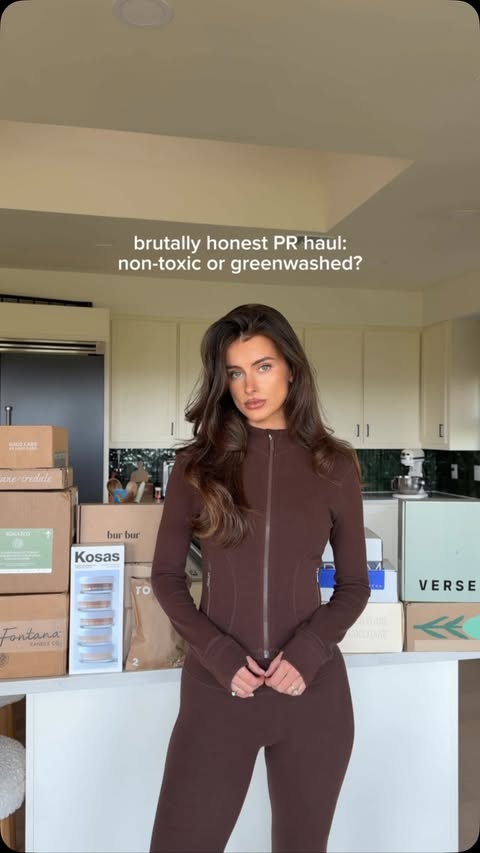 Instagram post by @katherine for Kosas. Caption reads: brutally honest pr haul… judged by my non-toxic....