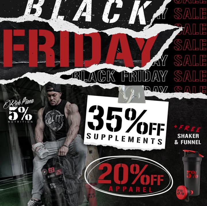Instagram post by @johnnyjuice1 for 5% Nutrition. Caption reads: Black Friday sale. 35% off supplements.....