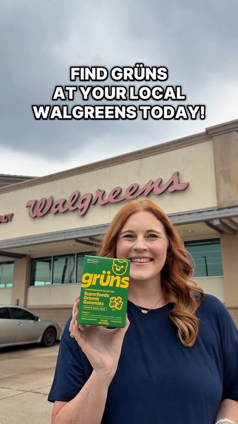 Instagram post by @txfrugalfinds for Grüns. Caption reads: Grüns is now at Walgreens!! 🎉 @grunsdaily are....