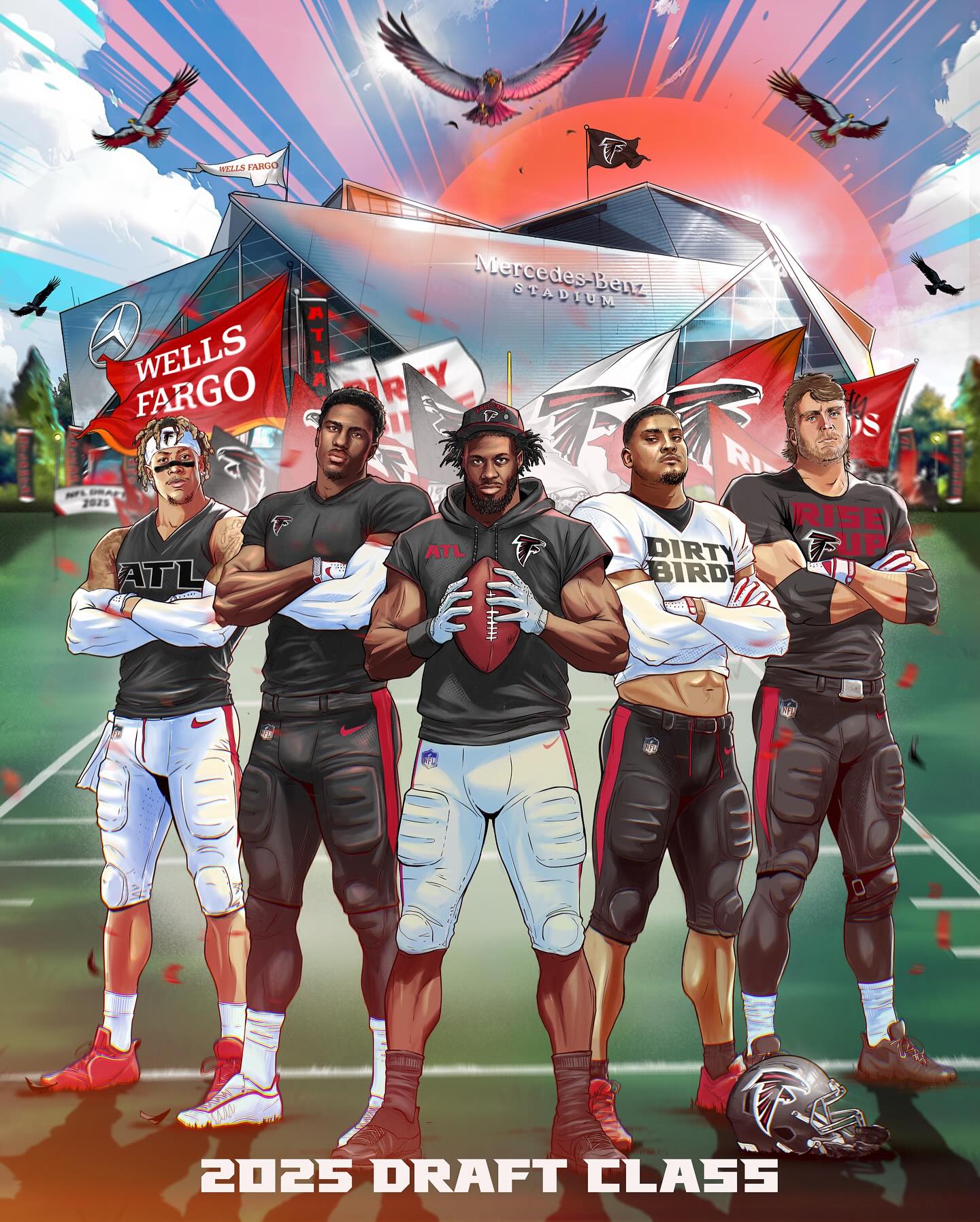 Instagram post by @atlantafalcons for Wells Fargo. Caption reads: 5 more reasons to turn up in 25.