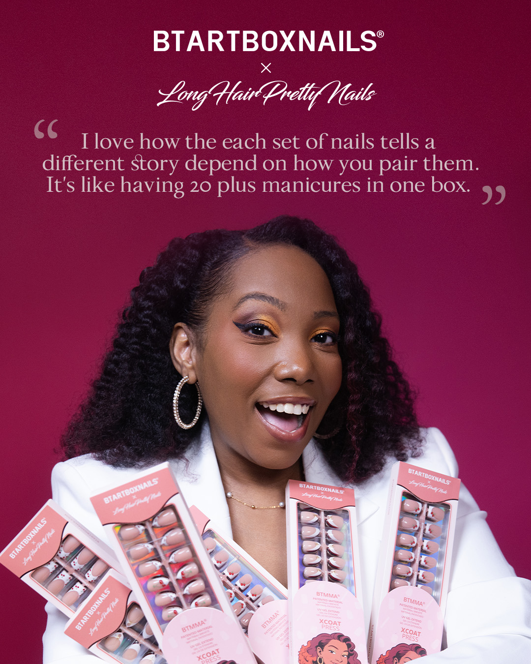 Instagram post by @longhairprettynails for BTArtboxnails. Caption reads: 🌟Big Announcement!! Our Collab with....