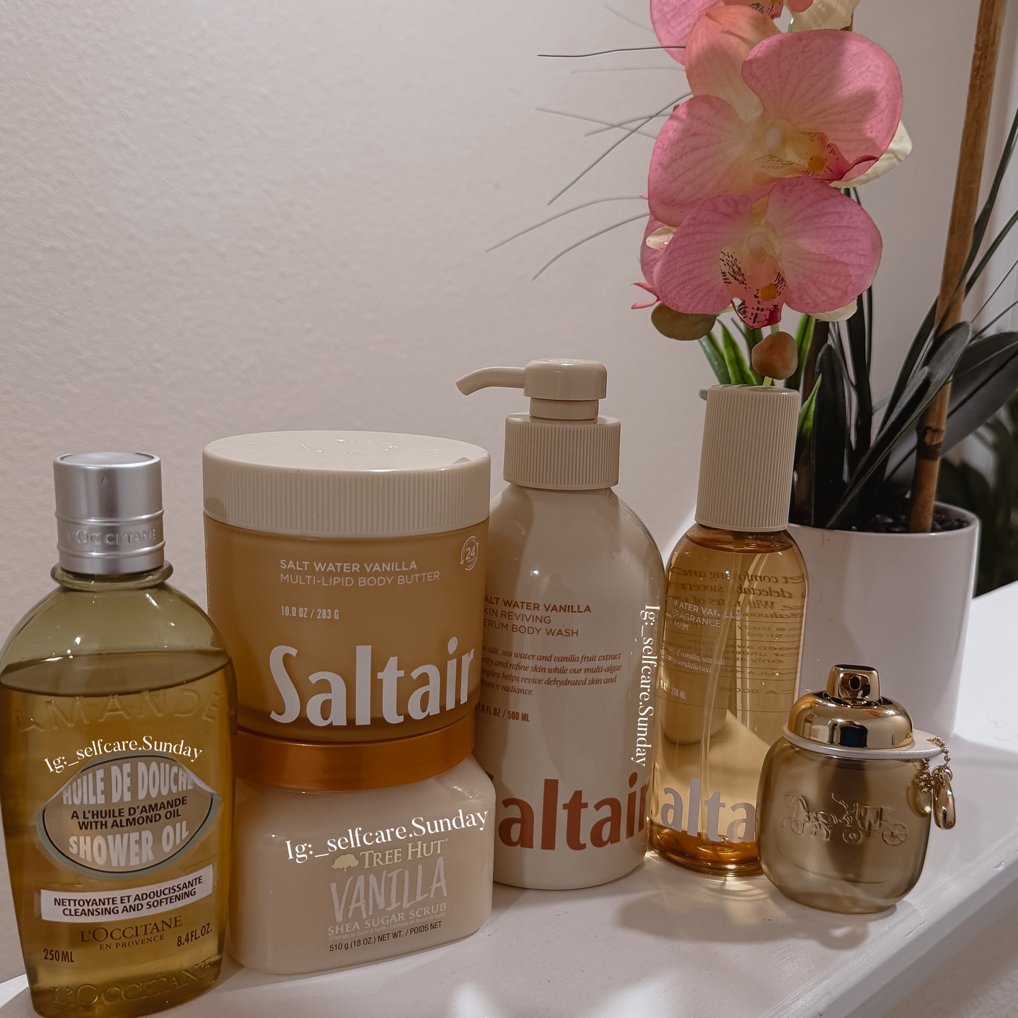 Instagram post by @_selfcare.sunday for Saltair. Caption reads: Loving this scent from @saltair 🫧🫧 #bodycare....