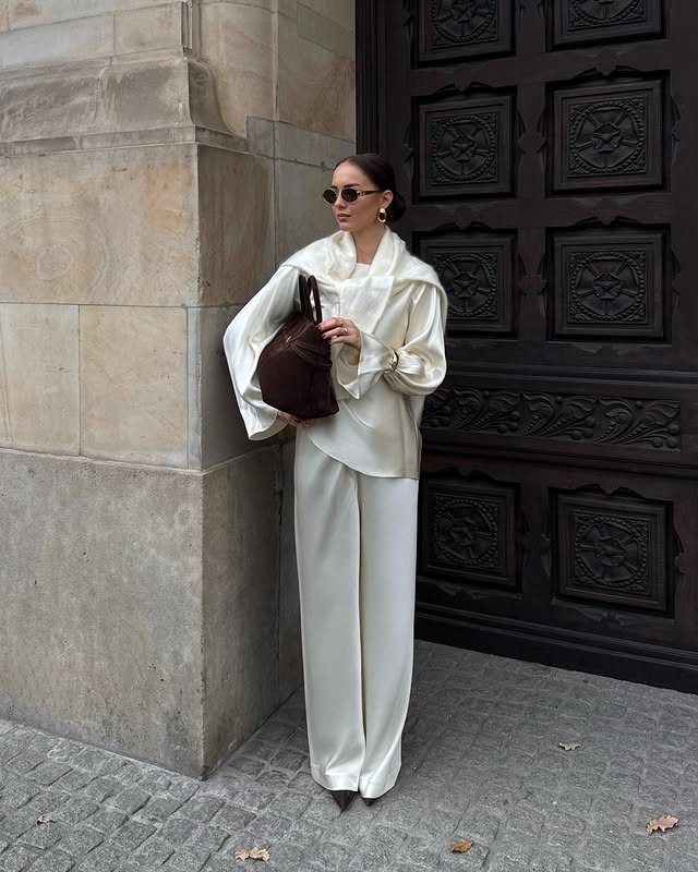 Instagram post by @svenjagzer for LilySilk. Caption reads: Two creamy looks in @lilysilk 🤍  which one is....