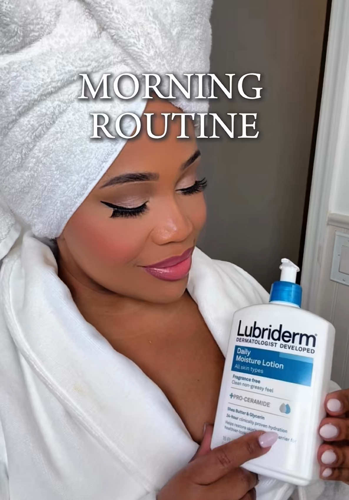 TikTok post by @makeitwithmicah for Lubriderm. Caption reads: #ad Our morning skincare routine is simple, yet....