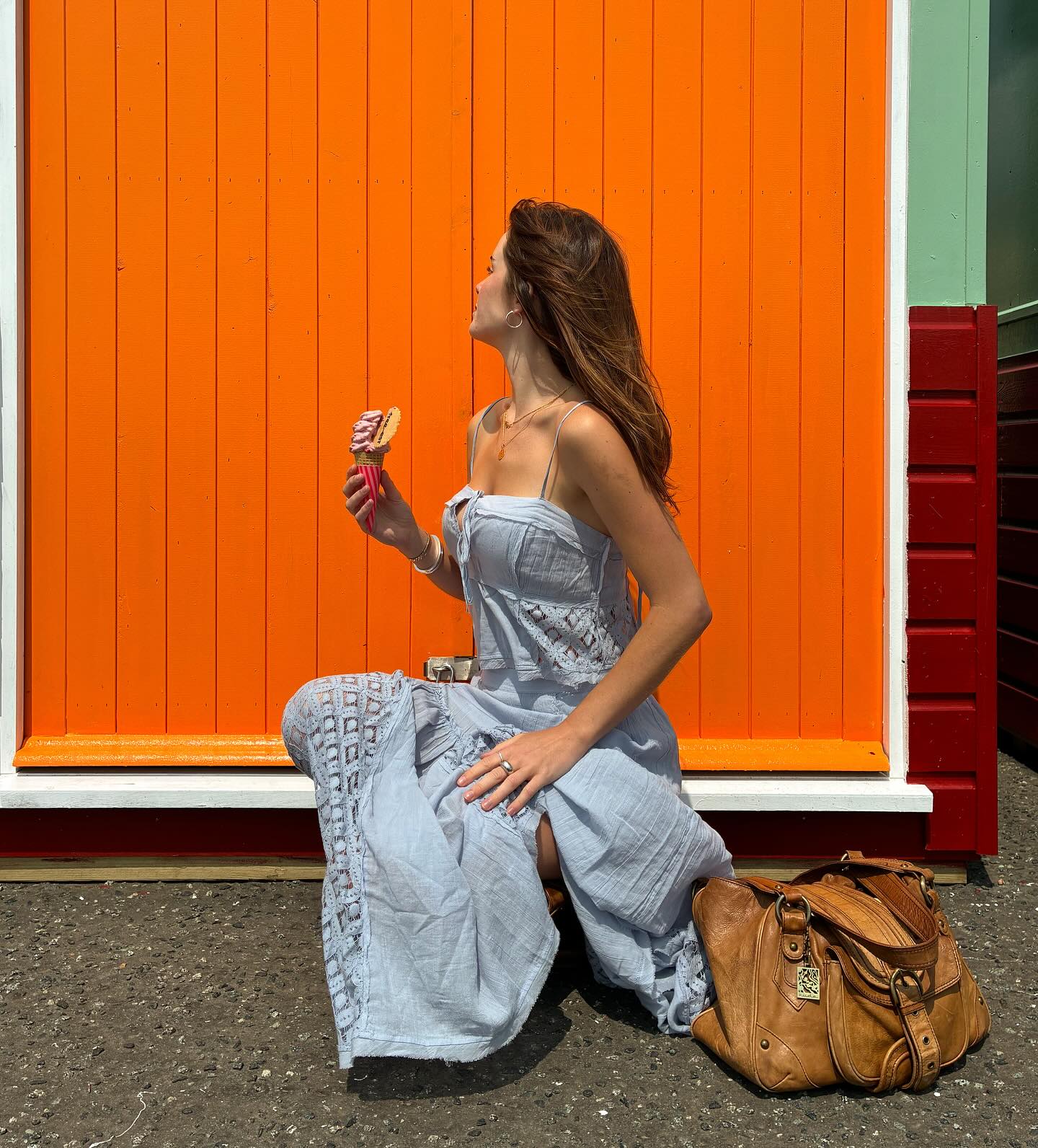 Instagram post by @fayegreenwoody for Free People. Caption reads: ad all my favourite things, ice cream, the seaside....