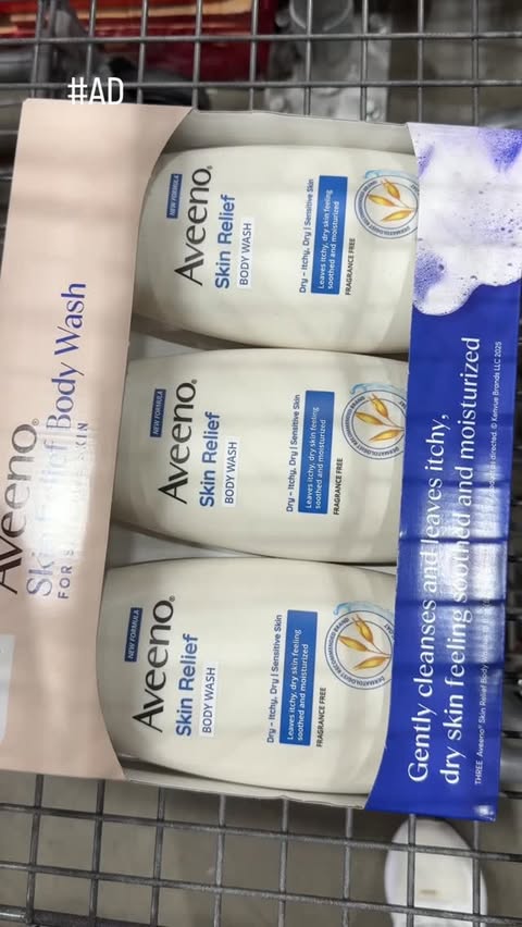 Instagram post by @dr.lyubov_tsaryk for Aveeno. Caption reads: #AD Aveeno® Skin Relief Body Wash triple pack is....