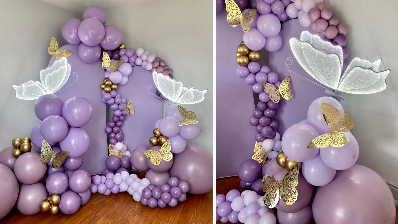 YouTube post by @askmeforaballoon for KetieStory. Caption reads: Balloon Garland Backdrop & Butterflies.