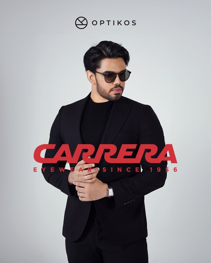 Instagram post by @adammoloud for Carrera Eyewear. Caption reads: Never think we are in competition, all I see is....