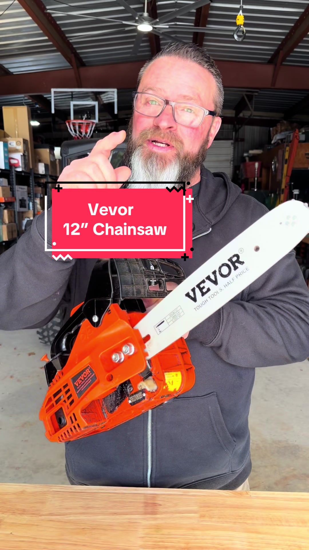 TikTok post by @wickedwayne777 for VEVOR. Caption reads: The Little Beast 👀 Vevor 25.4cc 12” Chainsaw....