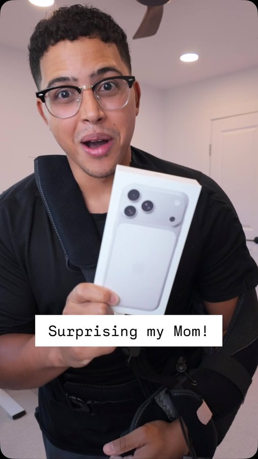 Instagram post by @milesabovetech for Belkin. Caption reads: [...] mom with a new iPhone and my favorite....