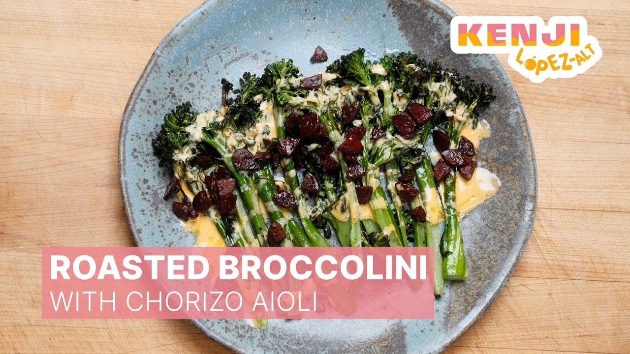 YouTube post by @JKenjiLopezAlt for BALMUDA. Caption reads: Roasted Broccolini with Cheaty Chorizo Aioli |....