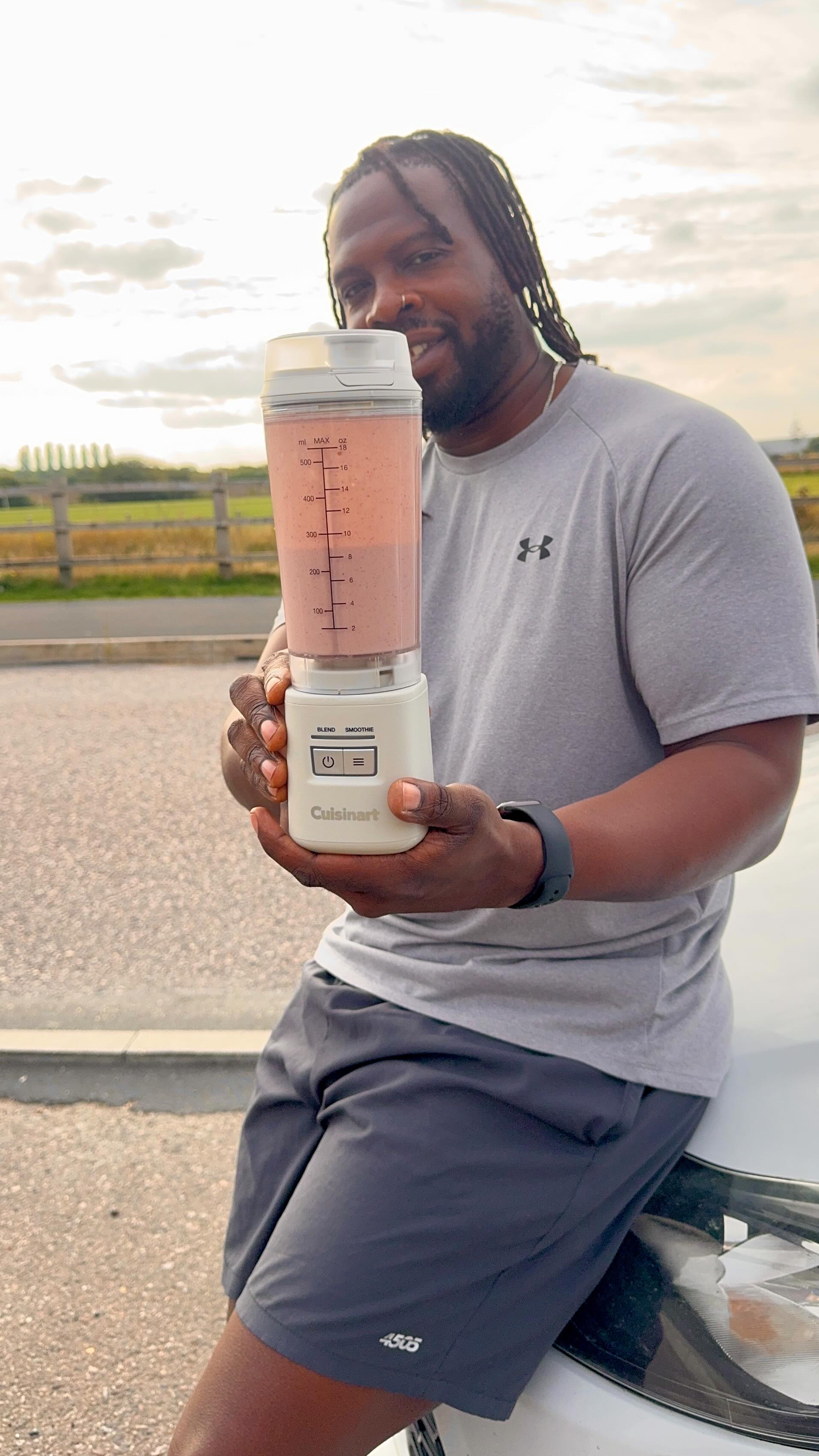 Instagram post by @veganezer for Cuisinart. Caption reads: #AD | Here is a strawberry cheesecake protein....