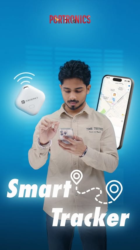 Instagram post by @iamshubhamkhanna for Portronics. Caption reads: [...] again. Track. Ring. Find. 📍🔔....