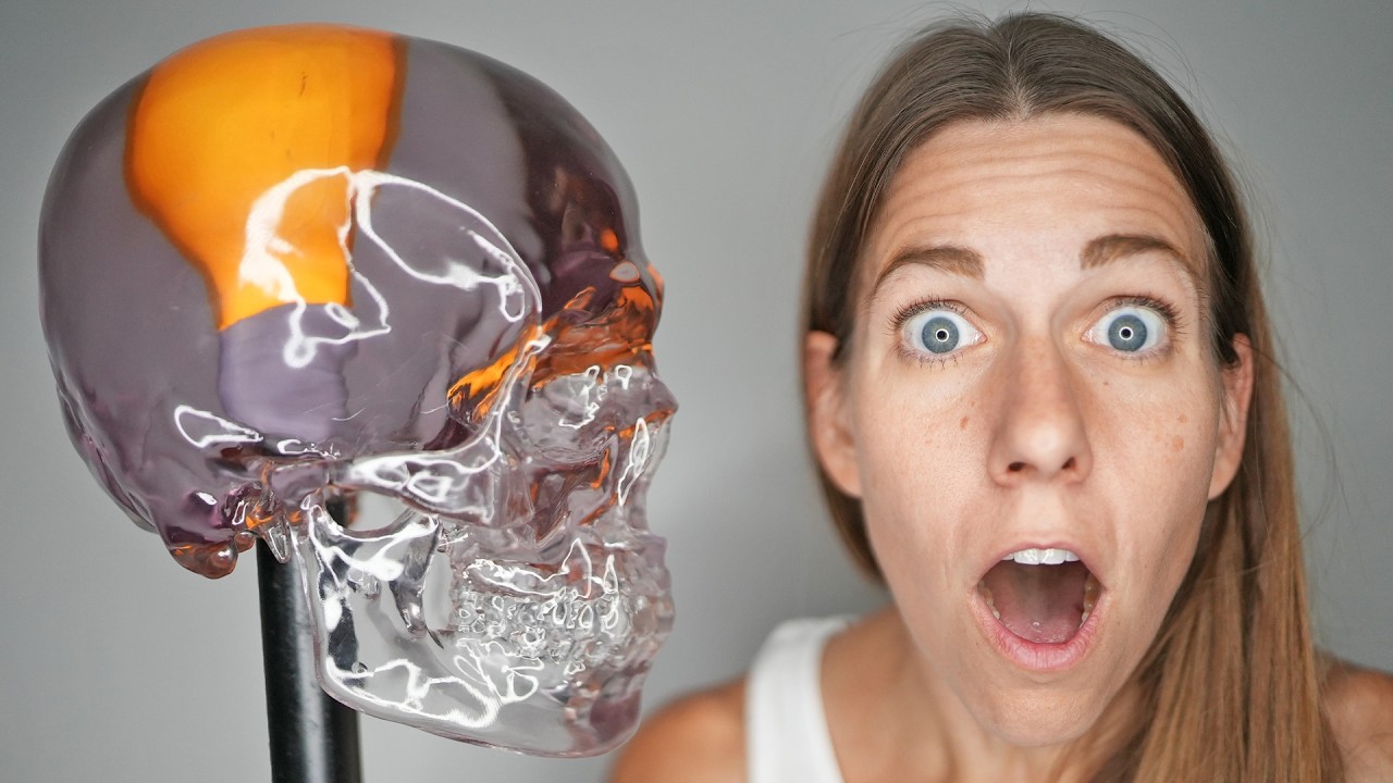 YouTube post by @alispagnola for Thingiverse. Caption reads: I Make a Life-Size Light-Up Skull.