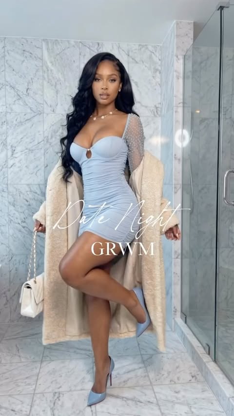 Instagram post by @kyladezarae for OH POLLY. Caption reads: [...] in bio. Dress and coat from @ohpolly ,....