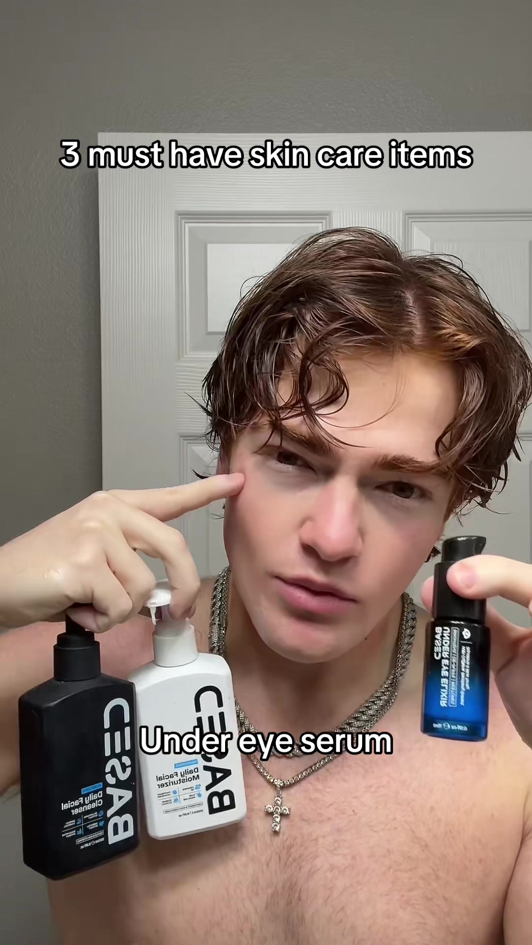 TikTok post by @trevorlarcom for Based Bodyworks. Caption reads: 3 must have skincare items @BASED #eyebags #fyp.