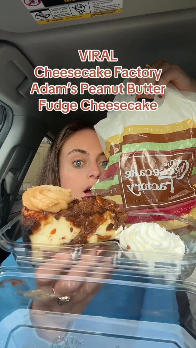 Instagram post by @sarahmargareteats for The Cheesecake Factory. Caption reads: VIRAL Cheesecake Factory Adam’s Peanut Butter....