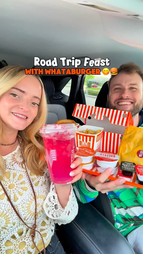 Instagram post by @through.becs.specs for Whataburger. Caption reads: [...] before a road trip 🍔🚗 Whataburger is....