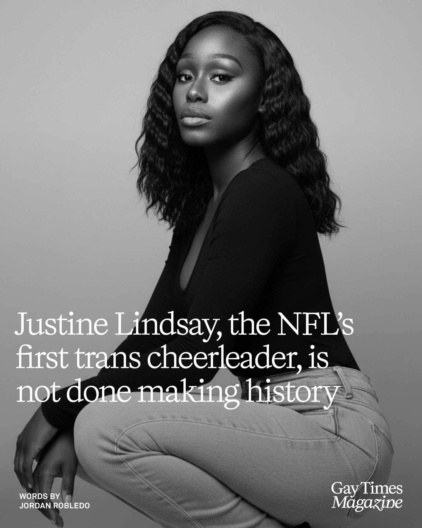 Instagram post by @justinesimone_ for GAY TIMES. Caption reads: Justine Lindsay is not done making history!....