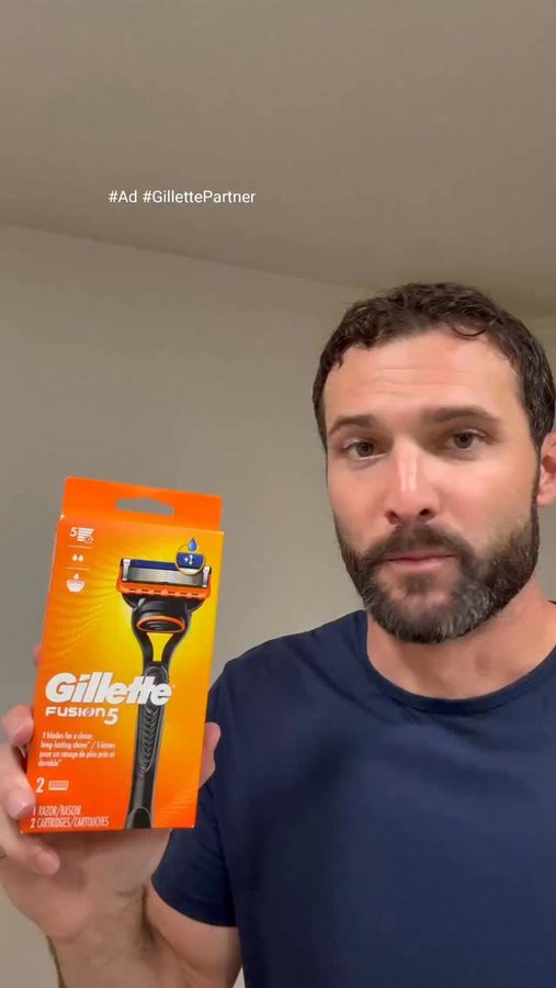 Instagram post by @frontporchdad for Gillette. Caption reads: #Ad #GillettePartner Shaving the beard for....