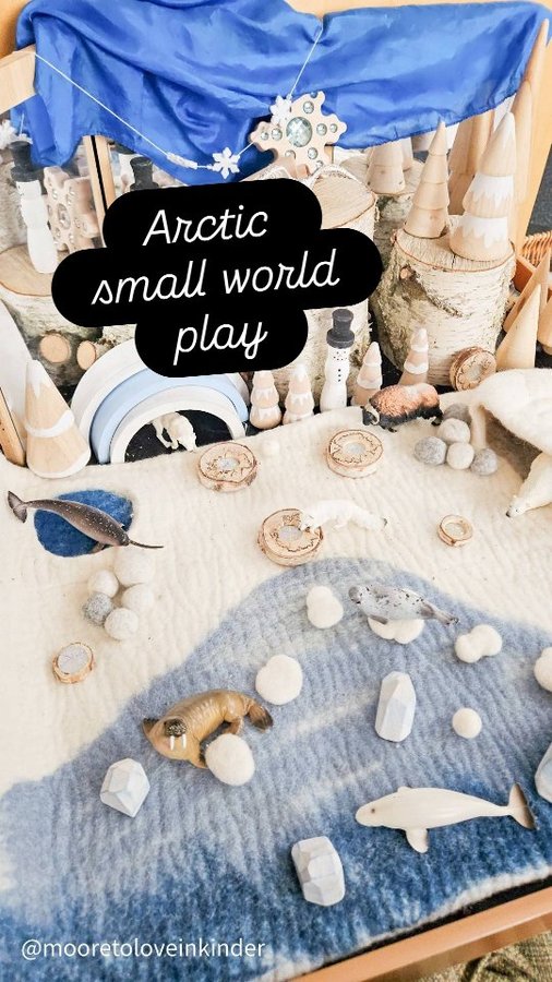 Instagram post by @mooretoloveinkinder for Tara Treasures. Caption reads: [...] Arctic! 🐻‍❄️✨ Our felt playmat from....