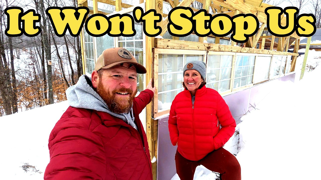 YouTube post by @OffgridwithJayandJen for Birdfy. Caption reads: Winter Won't Stop Us-  Greenhouse Build Resumes.