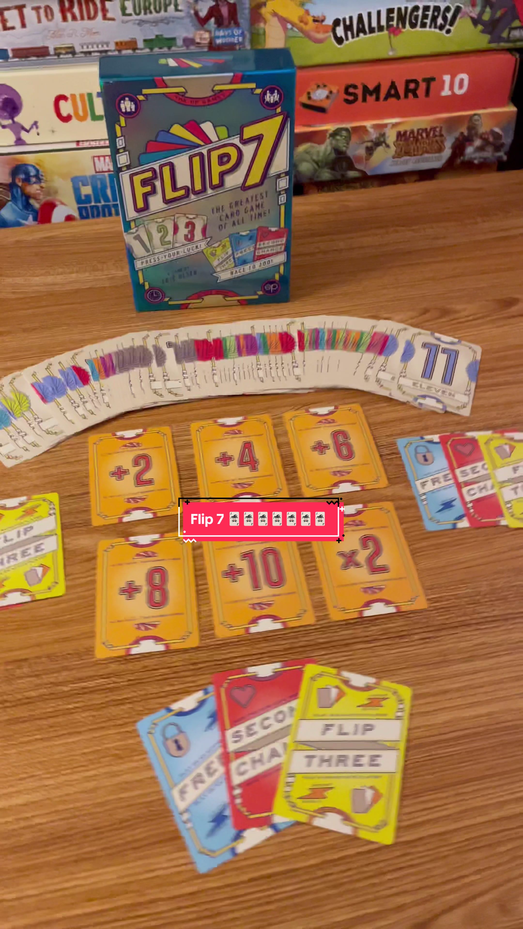 TikTok post by @tiktokboardgames for The Op Games. Caption reads: Flip 7 is a new awesome card game by @The Op Games....