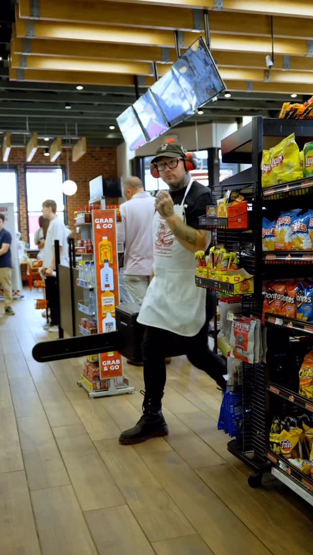 Instagram post by @joshbalz for Sheetz. Caption reads: Chainsaw your food in half? 

Yep last week....