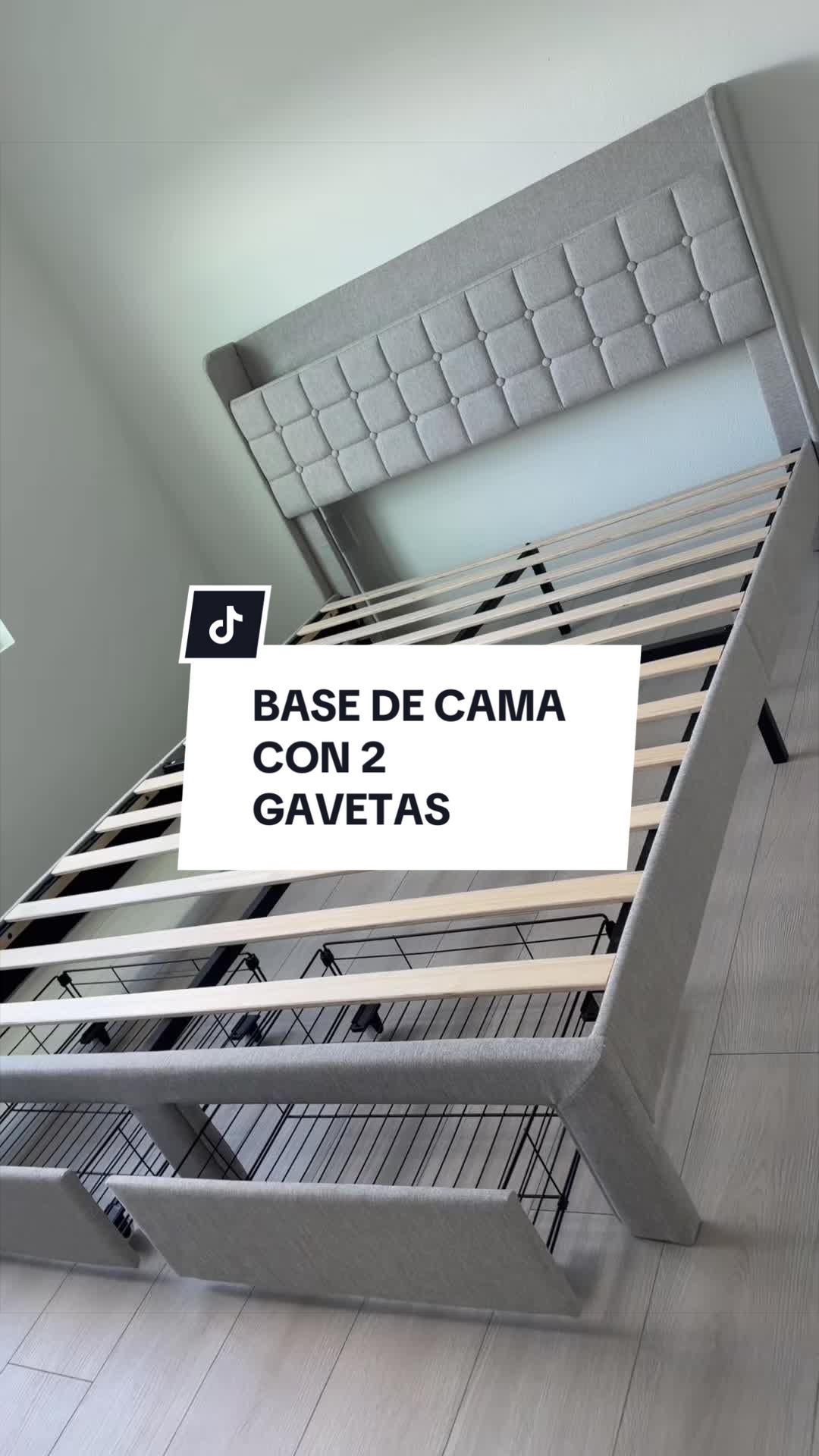 TikTok post by @karin.recomends for Sweetcrispy. Caption reads: Base de cama con 2 gavetas @Sweetcrispy Shop....