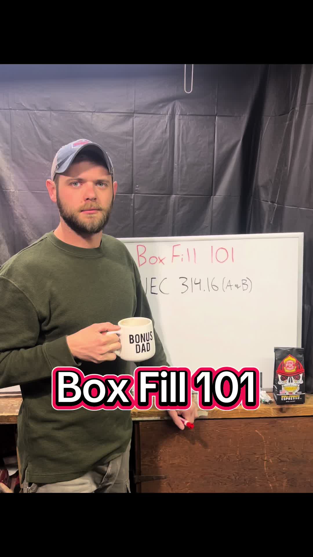 TikTok post by @caffeinated.electrician for Fire Dept. Coffee. Caption reads: Here’s a breakdown of doing box fill calculations....