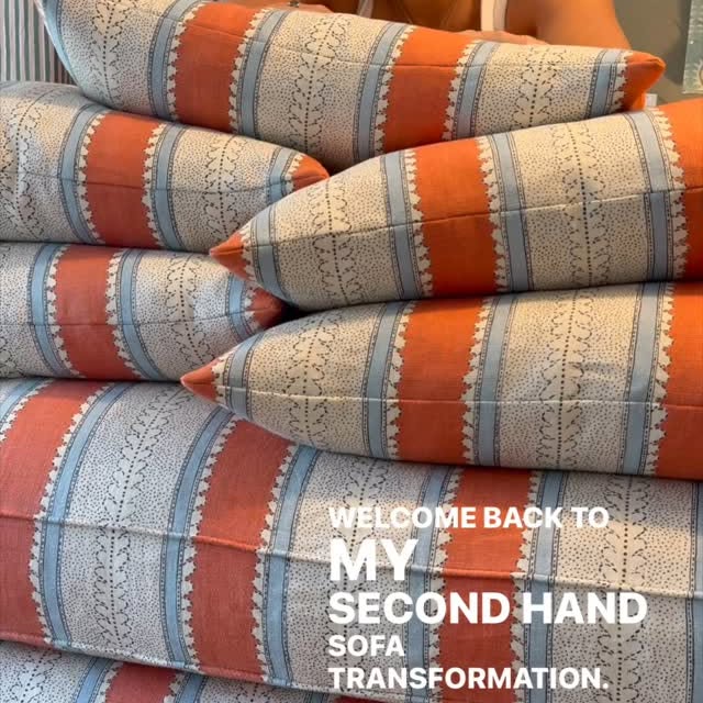 Instagram post by @pucciupholstery for Linwood Fabric. Caption reads: Welcome back to my ✨second hand sofa....