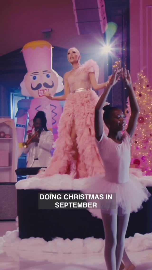 Instagram post by @gwenstefani for Amazon Music. Caption reads: 🎄 🎬 bts for Shake the Snow Globe 💕 felt like....