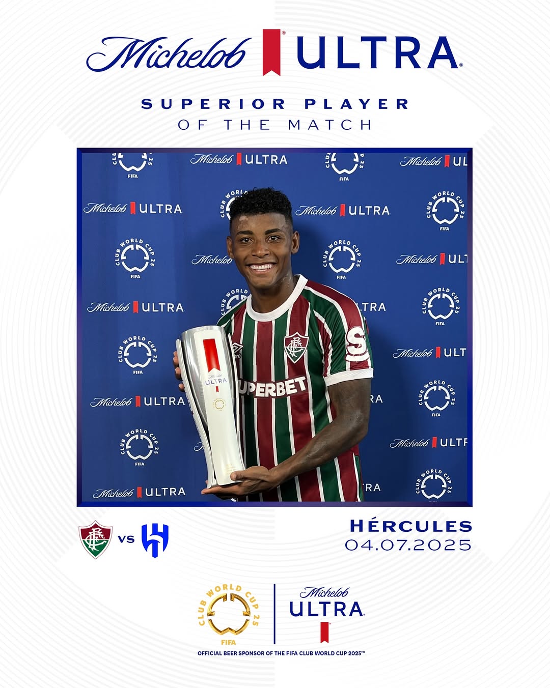 Instagram post by @fifaclubworldcup for Michelob ULTRA. Caption reads: hercules_68 sends @fluminensefc into the #FIFACWC....