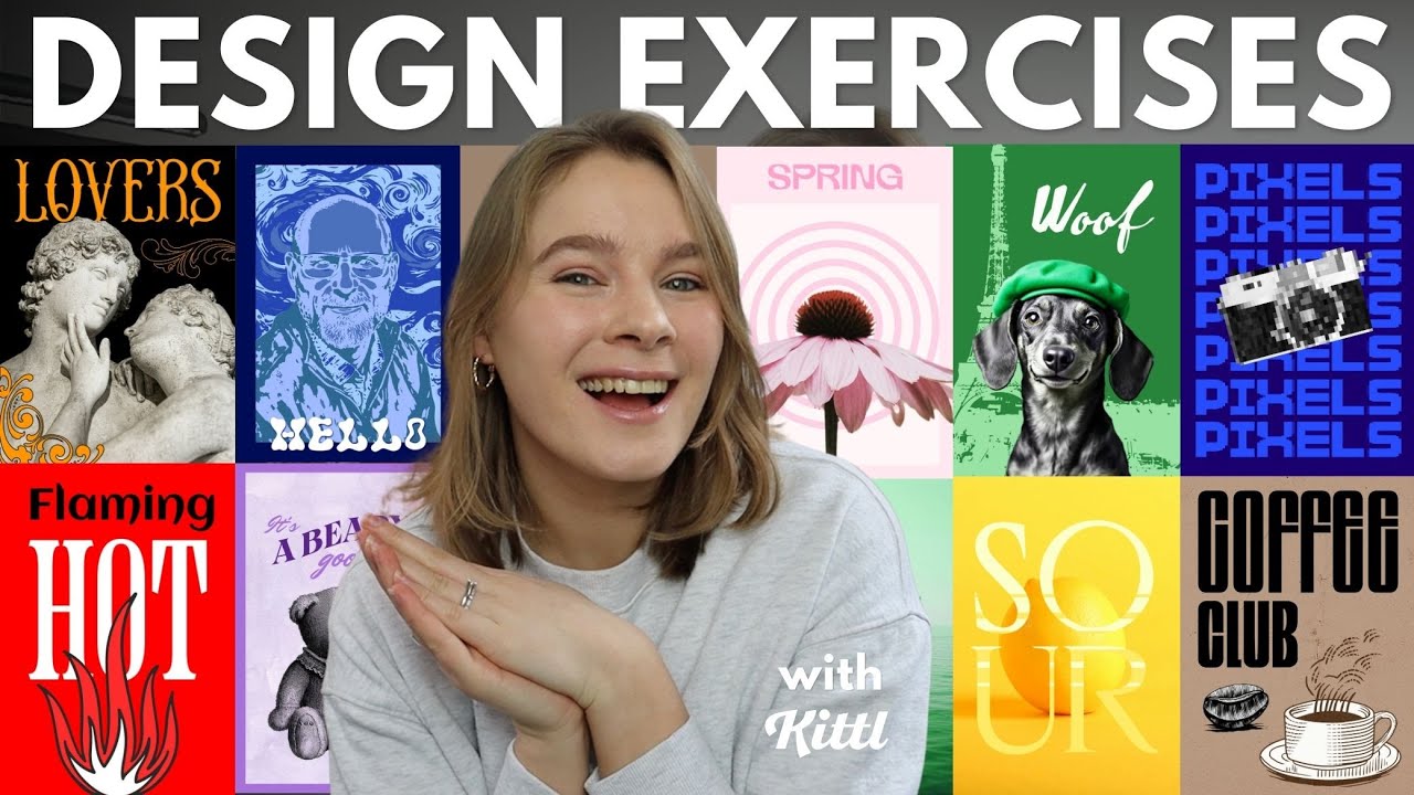 YouTube post by @HanSelah for Kittl. Caption reads: EASY GRAPHIC DESIGN EXERCISES TO BECOME A BETTER....