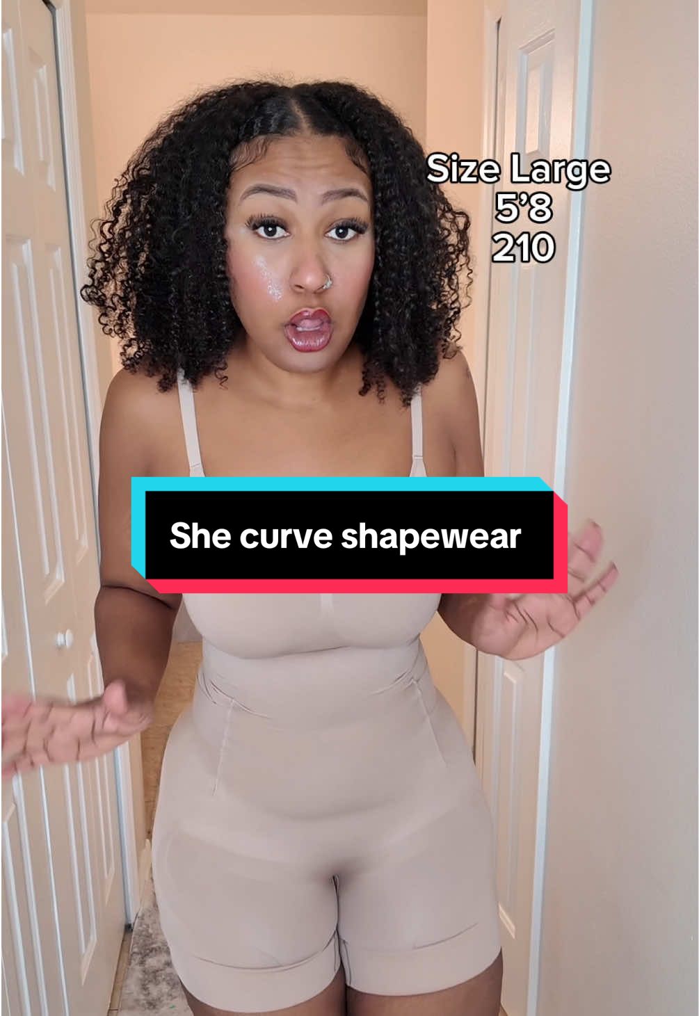TikTok post by @mya_babycurls for SheCurve. Caption reads: Easy access shapewear by @SHECURVE LLC 🤎 I’m....