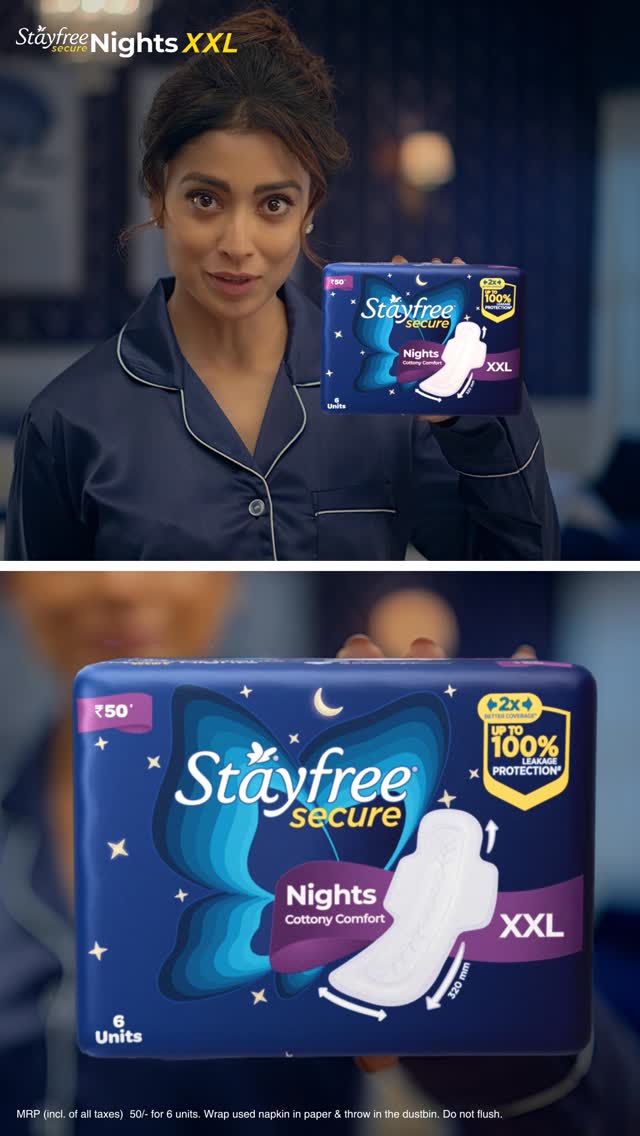 Instagram post by @shriya_saran1109 for Stayfree. Caption reads: Neend ho ya heavy flow, ab koi tension nahi!....