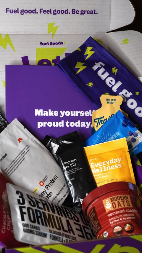 Instagram post by @steph.engblom for Fuel Goods. Caption reads: Let’s see what’s inside the first runners box of....