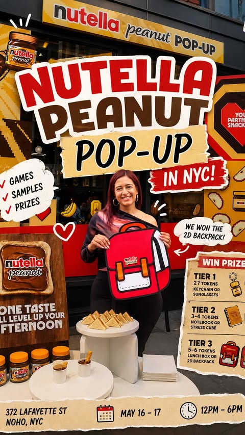 Instagram post by @mariannyrd for Nutella. Caption reads: #ad FREE Nutella Peanut Pop-Up in NYC?! 🥜✨ We got....
