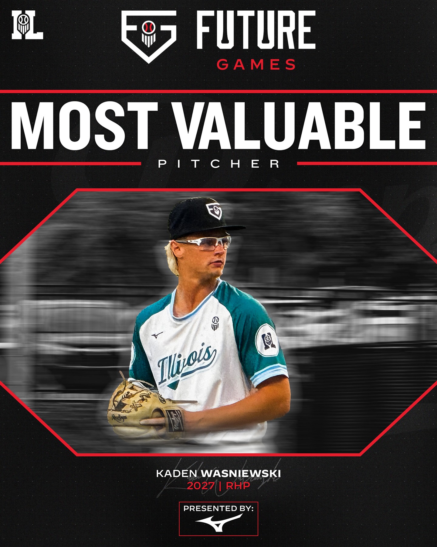 Instagram post by @prepbaseballil for Mizuno USA. Caption reads: 𝟐𝟎𝟐𝟓 𝐅𝐮𝐭𝐮𝐫𝐞 𝐆𝐚𝐦𝐞𝐬: 𝗠𝗼𝘀𝘁....