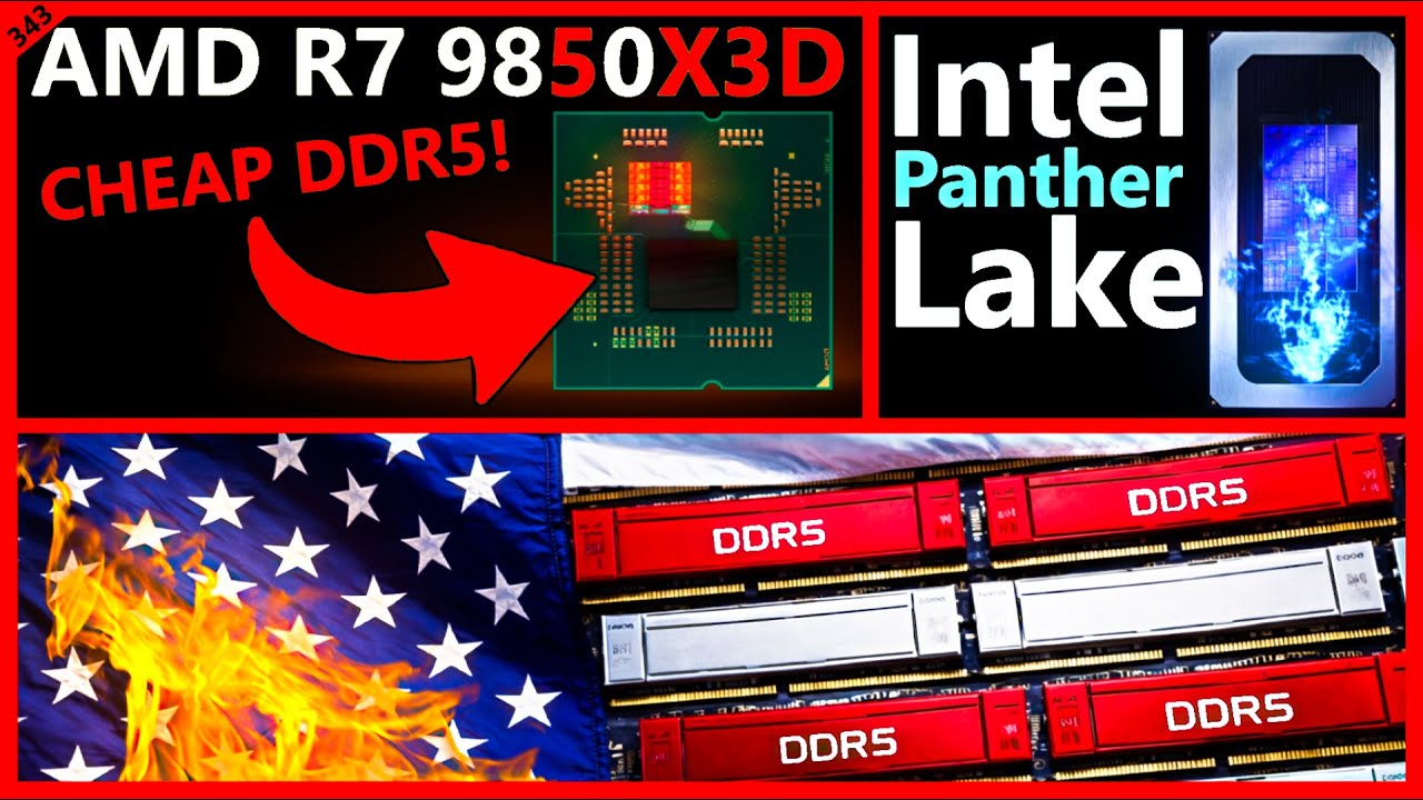 YouTube post by @MooresLawIsDead for JLCPCB. Caption reads: RAM Crisis & US Security, AMD R7 9850X3D, Intel....