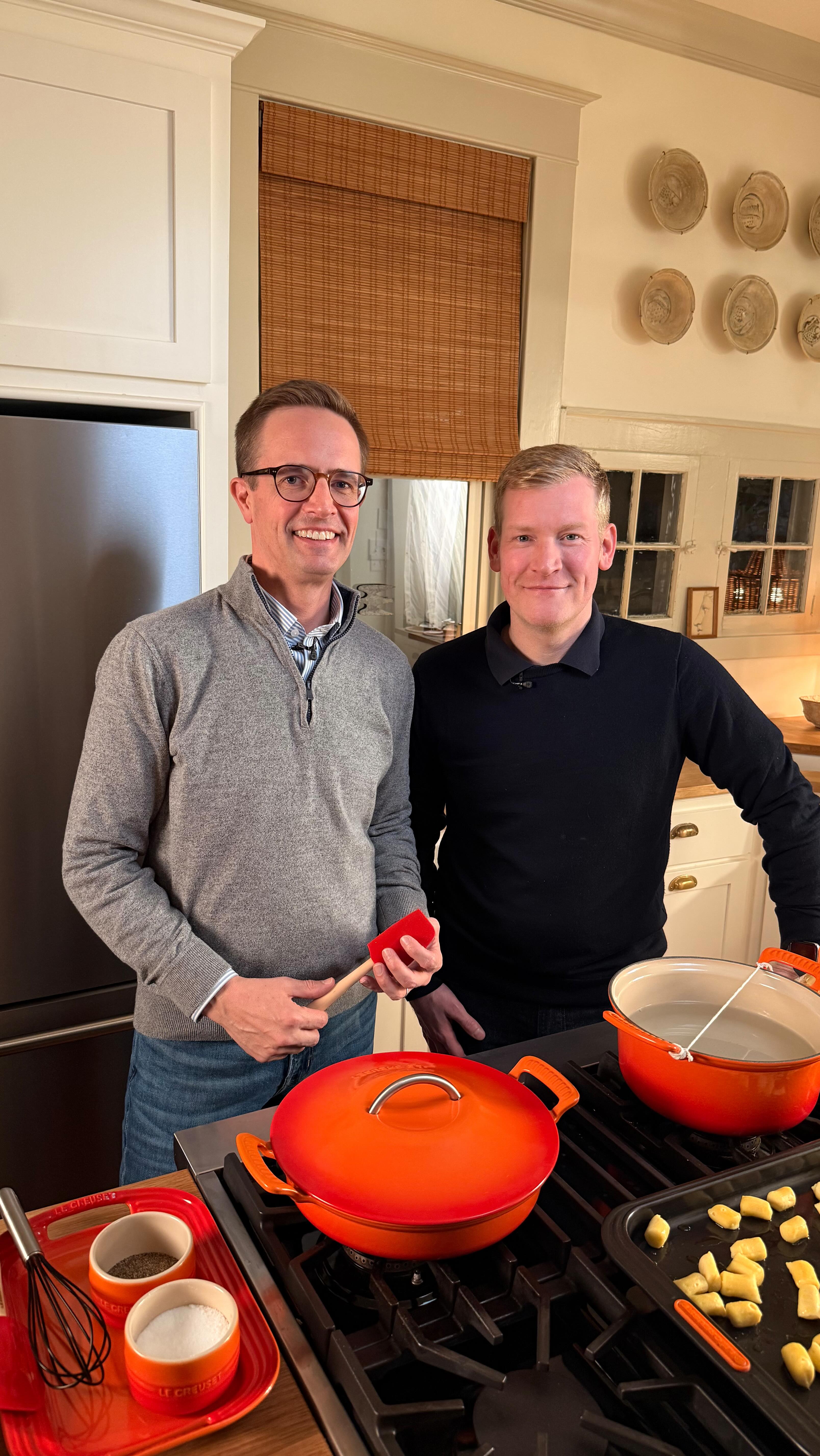 Instagram post by @justinchapple for Le Creuset. Caption reads: Thank you for tuning in to our virtual cooking....