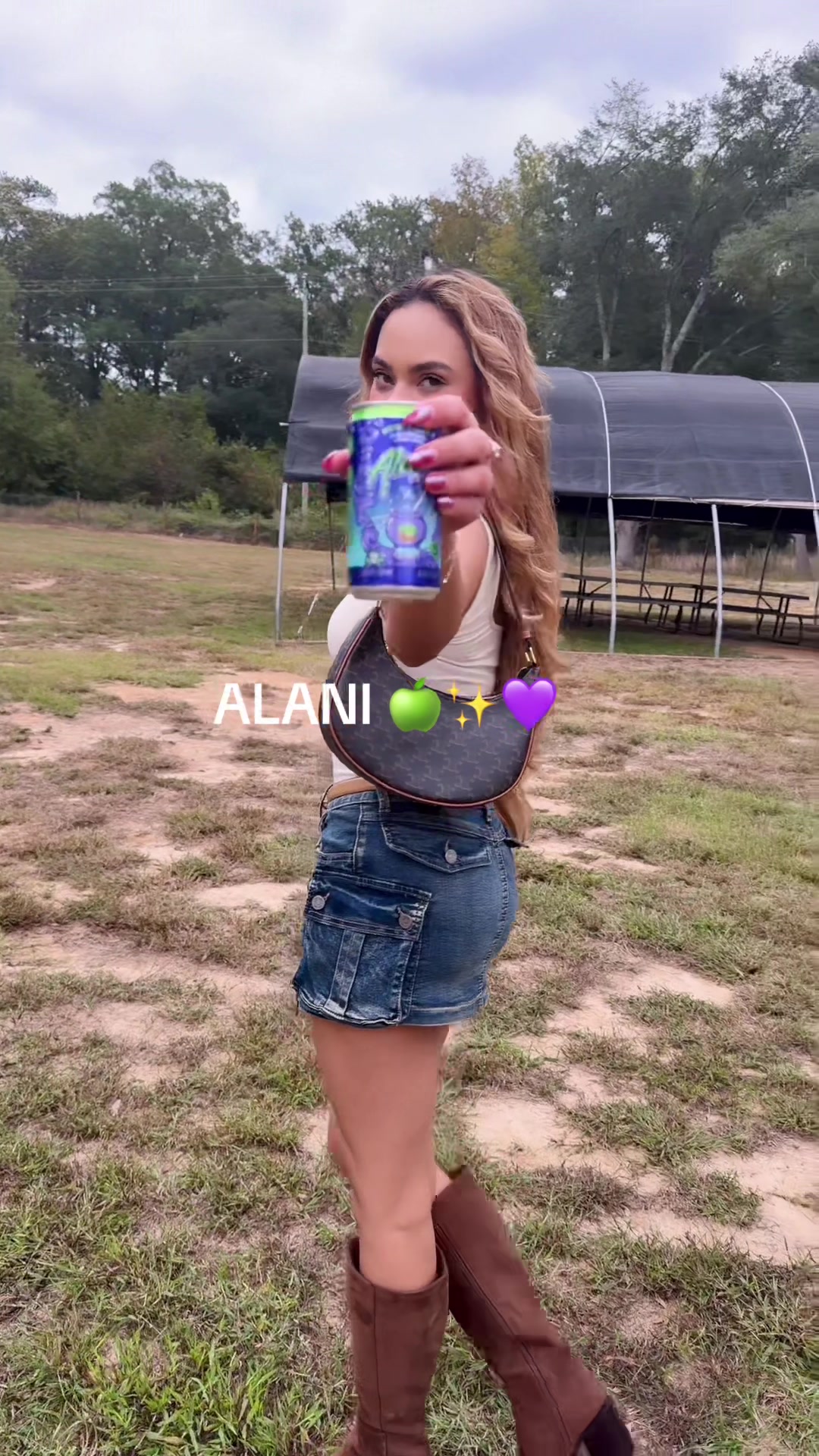 TikTok post by @karina_a.gomez for Alani Nutrition. Caption reads: My obsession this fall 🍂🍏💜 @Alani Nutrition....