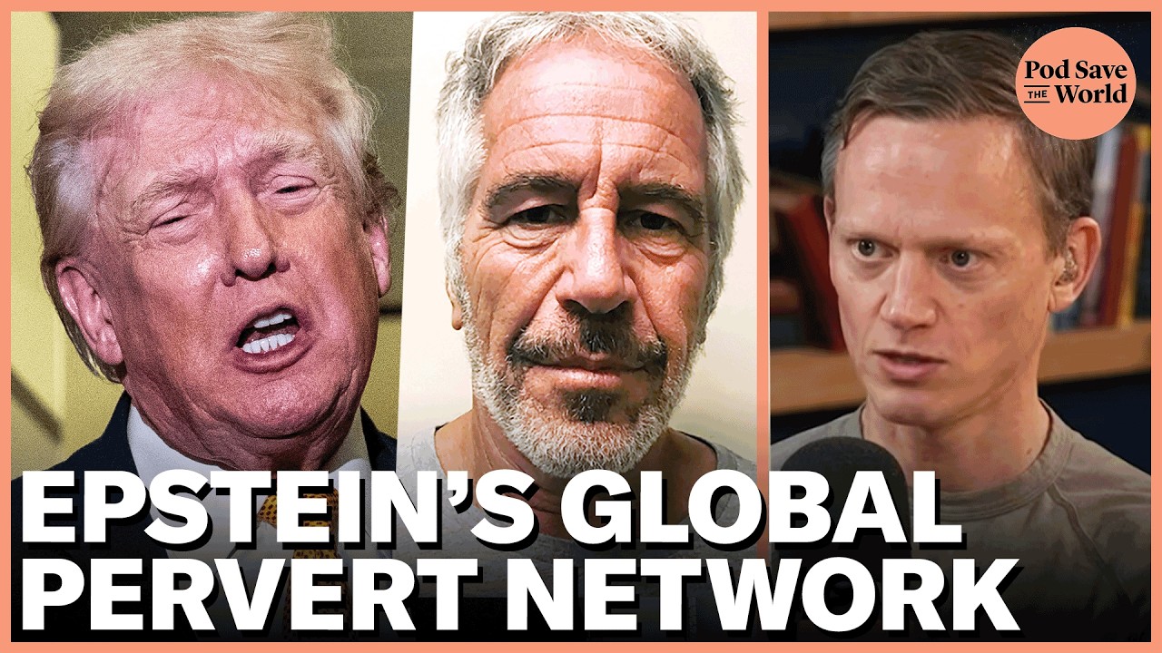 YouTube post by @podsavetheworld for Hiya. Caption reads: Epstein Files Expose Network of Corrupt Global....